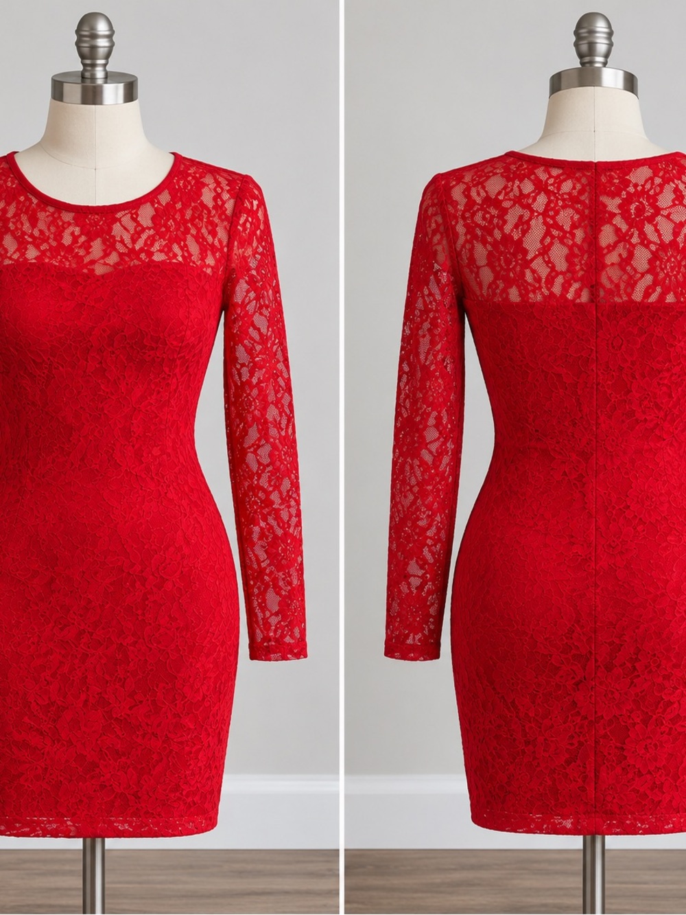 Kardashian Kollection Red Lace Long Sleeve Bodycon Dress